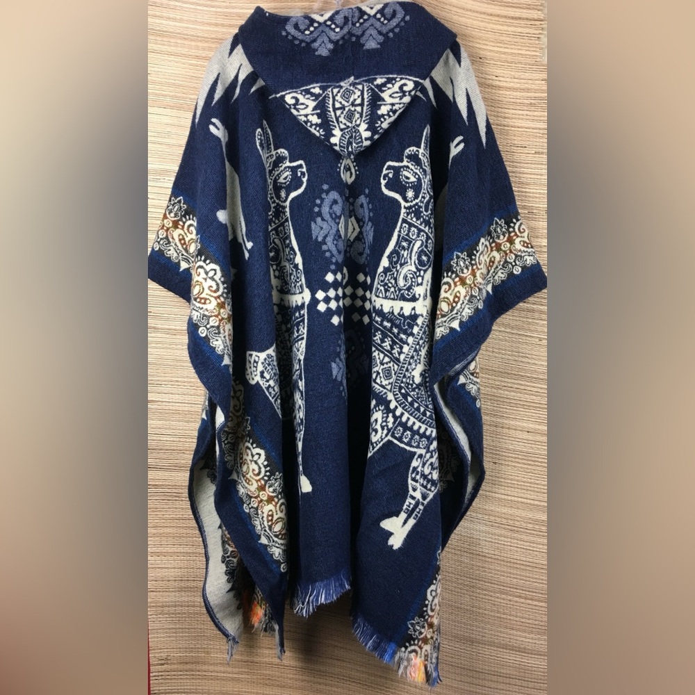 Alpaca Wool Hooded Poncho Llama Andean Handmade Fringe Boho Festival Unisex Cape - Picture 4 of 12